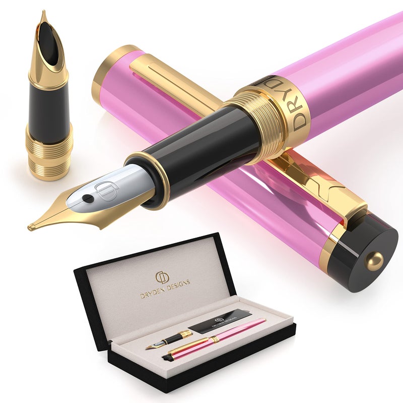 Dryden Designs Fountain Pen - Medium Nib and Fine Nib | Includes Luxury Box, 6 Ink Cartridges - 3 Black 3 Blue and Ink Refill Converter - Luscious Pink - Image 1